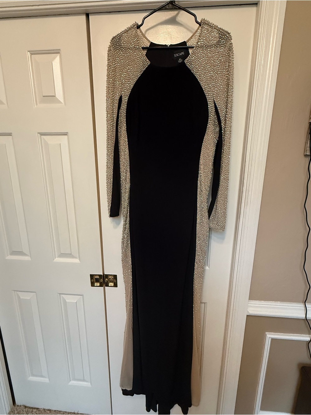 Xscape Black Gown with Nude Sequin-Embellished Sleeves
